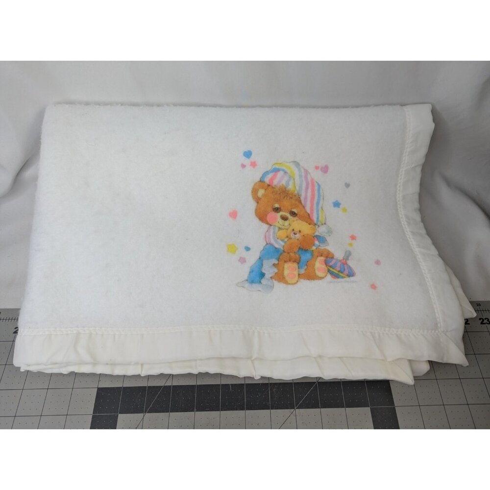 Morgan Riegel Teddy Beddy Bear Baby Blanket White Nylon Trim‎
